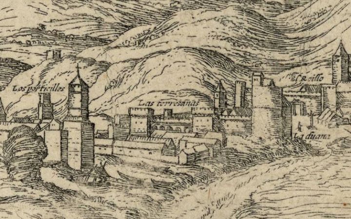 Grabado de 1575 que visualiza las atarazanas en su fachada al río Guadalmedina