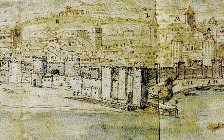 Dibujo de 1564 donde se observa el Castell de los Genoveses